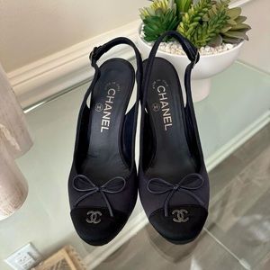 Chanel Navy & Black Satin Slingback Heels